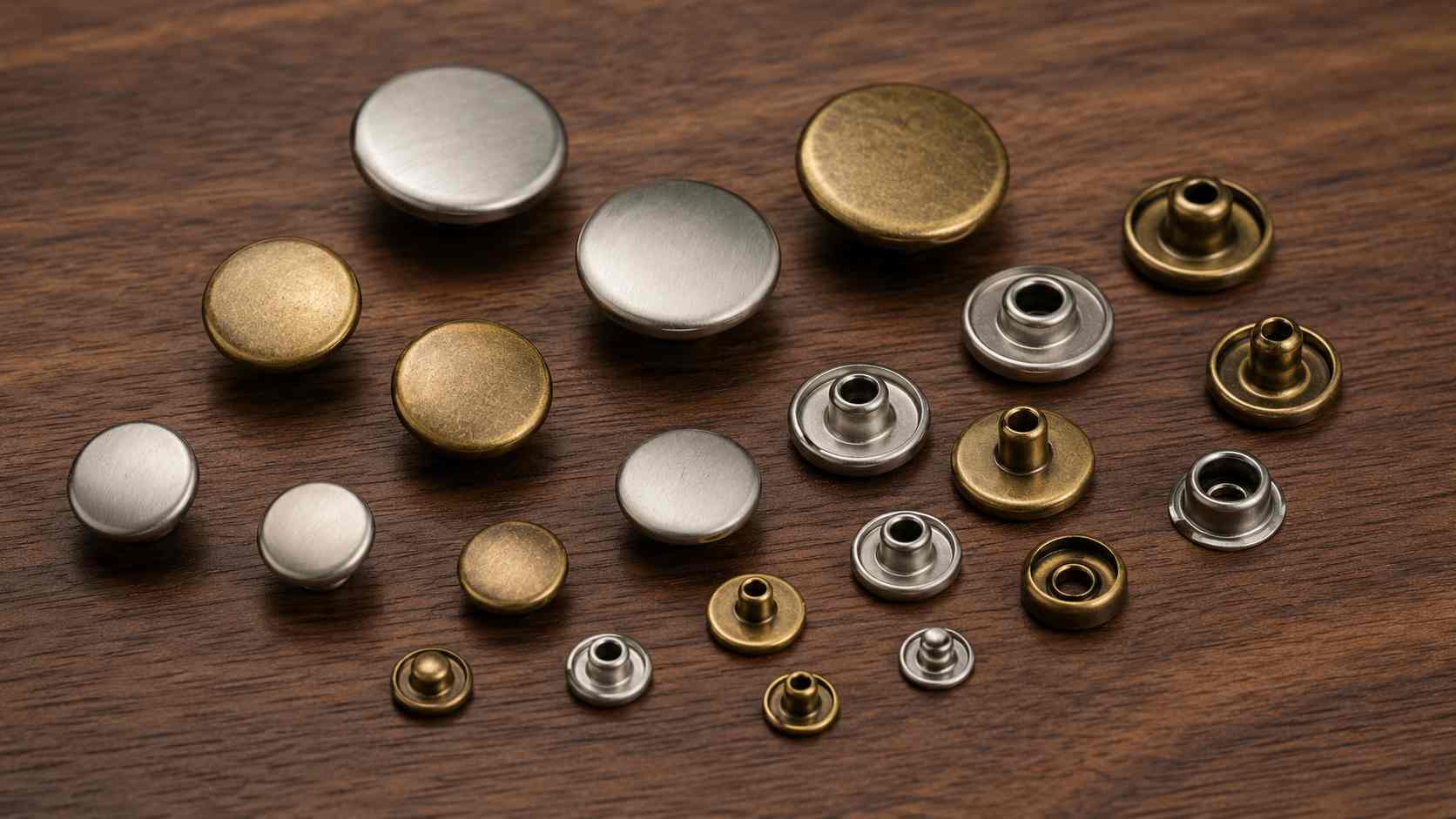 metal snap button manufacturer, The product range from a metal snap button manufacturer includes snap components in several sizes and metallic finishes arranged on a wooden surface.